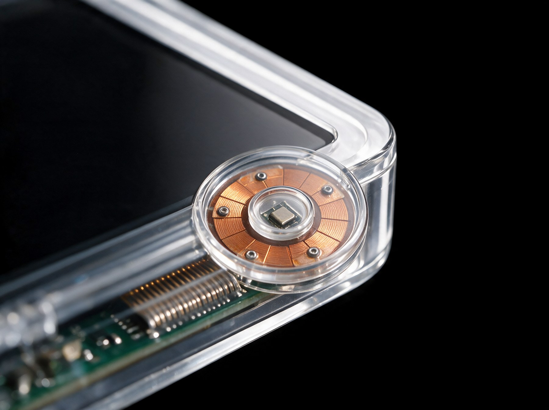 Ghost &mdash; macro detail, fully clear transparent iPod Classic.